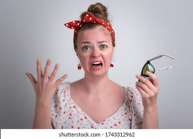 Young Caucasian Woman Girl With Red Sunglasses Sunburn On Her Face.