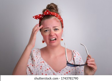 Young Caucasian Woman Girl With Red Sunglasses Sunburn On Her Face.