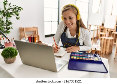 Young Caucasian Woman Having Online Draw Lesson At Art Studio