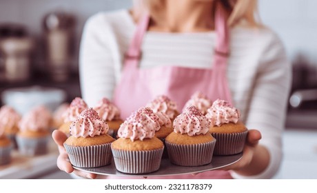 Young caucasian woman holding cupcakes in the kitchen. Cakes cupcakes and sweet dessert pink girly concept. holding her homemade sweets housewife portrait Pastry chef confectioner - Powered by Shutterstock