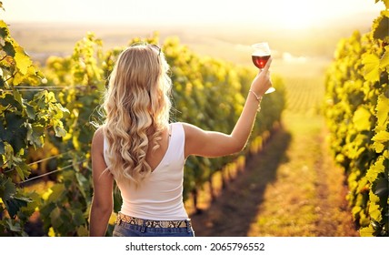 Young caucasian woman holding a glass of red wine in vineyard on sunny day, back view - Vinification, vine-growing and wine-tasting concept with a millennial young adult girl - Powered by Shutterstock