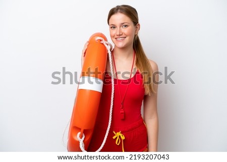 Young caucasian woman isolated on white background with lifeguard equipment and smiling a lot
