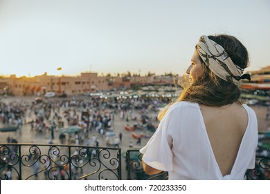 Young Caucasian Woman Jamaa El Fna Square Marrakesh