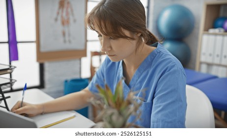 A young caucasian woman, likely a physiotherapist, takes notes in a clinic room, with calm demeanor and professional attire. - Powered by Shutterstock