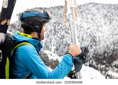 Young Caucasian Woman Looking A Winter Landscape After A Heavy Snow Storm On The Pyrenees.