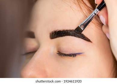 Young Caucasian Woman on the brow beauty procedures. Professional care for face. Brows coloring, wax and lamination
