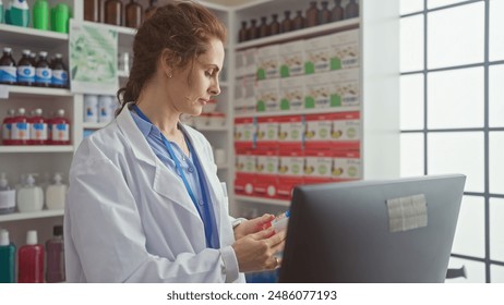 A young caucasian woman pharmacist reviews medication in a bright pharmacy while working on her laptop. - Powered by Shutterstock