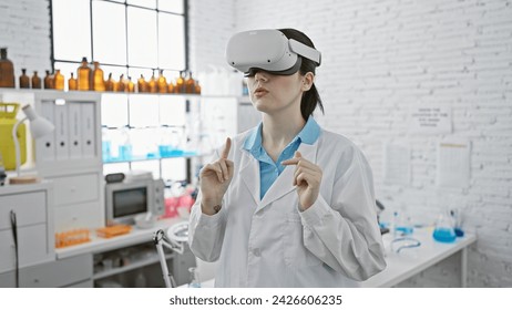 A young caucasian woman wearing virtual reality glasses in a modern laboratory setting, conveying innovation in science. - Powered by Shutterstock