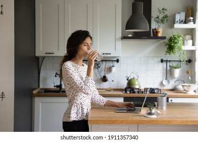 Young Caucasian Woman Work On Laptop At Home Office Kitchen Drink Clean Mineral Water From Glass. Thirsty Female Distracted From Computer Job Enjoy Clear Still Aqua. Refreshment, Hydration Concept.