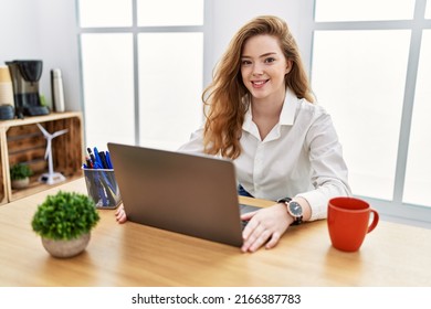 Young Caucasian Woman Working At The Office Using Computer Laptop With A Happy And Cool Smile On Face. Lucky Person. 