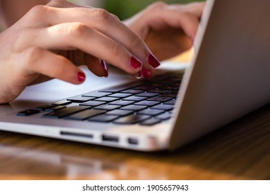 Young Caucasian Woman Works In The Field On Vacation Connected To Her Computer Online With Sunlight