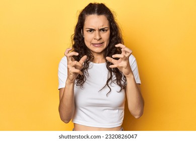Young Caucasian woman, yellow studio background, upset screaming with tense hands. - Shutterstock ID 2320826047