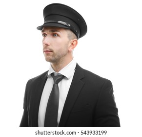 Young Chauffeur Standing On White Background