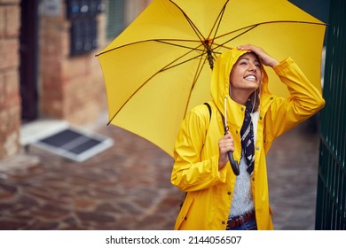 Young Cheerful Woman Yellow Raincoat Umbrella Stock Photo 2144056507 