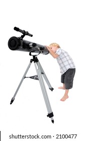 Young Child Or Boy Standing Up And Looking At Stars Through A Large Astrological Telescope On Tripod With White, Isolated Background