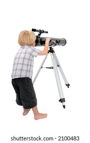 Young Child Or Boy Standing Up And Looking At Stars Through A Large Astrological Telescope On Tripod With White, Isolated Background