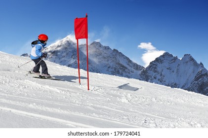 Young child during his ski school slalom run 