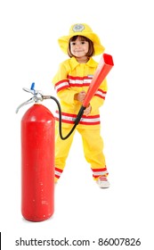 Young child as firefighter holding a fire extinguisher