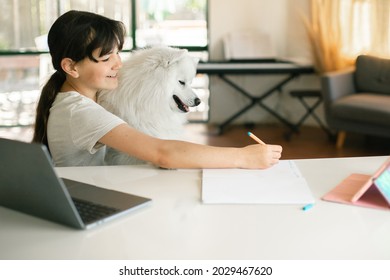 young child girl and dog japanese spitz doing online learning, home schooling, digital education