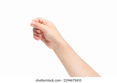 Young child hand holding some like blank card isolated white background