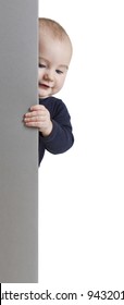 young child holding vertical, grey sign. isolate on white background