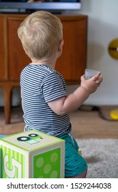 Young Child Watching TV At Home. View From Behind. Blond Hair.