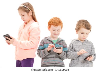 Young Children Using Mobile Phones For Social Media. Isolated On White.