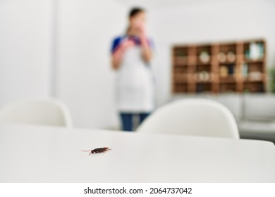 Young Chinese Housewife Looking Cockroach On The Table At Home.