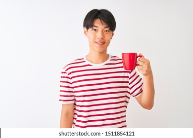 Young Chinese Man Drinking A Cup Of Coffee Standing Over Isolated White Background With A Happy Face Standing And Smiling With A Confident Smile Showing Teeth