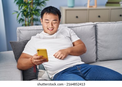 Young Chinese Man Using Smartphone Sitting On Sofa At Home