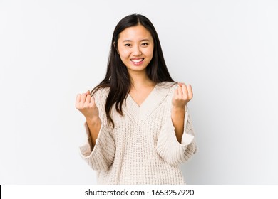 Young Chinese Woman Isolated Cheering Carefree And Excited. Victory Concept.