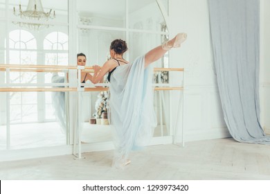 Young classical ballet dancer woman in dance class. Beautiful graceful ballerina practice ballet positions in blue tutu skirt near large mirror in white light hall - Shutterstock ID 1293973420