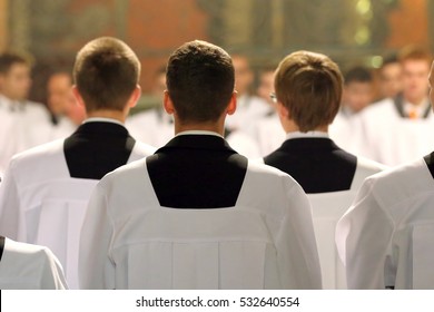 The young clerics of the seminary during Mass