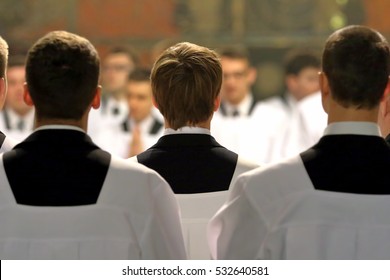 The Young Clerics Of The Seminary During Mass

