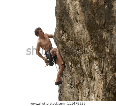 Young climber on a vertical outdoor wall isolated on a white background