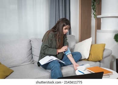 Young College Student Measures Blood Pressure At Home After Long And Stressful Study For Final Exam. Female Business Person With Small Company Got Sick After She Calculated Expenses And Financials.