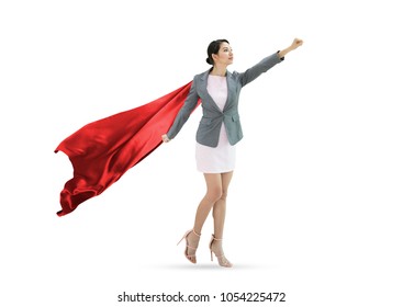 Young Confident Business Superhero Woman Wearing Red Cape Against Isolated On White Background. Concept Leader.