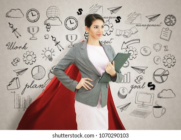 Young Confident Business Superhero Woman Wearing Red Cape Against With Strategy Background. Concept Point To Future.