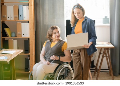 Young confident businesswoman with laptop showing information for report or business project to her disable colleague in wheelchair - Powered by Shutterstock