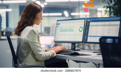 Young Confident Businesswoman Using Desktop Computer in Modern Office with Colleagues. Stylish Beautiful Manager Working on Commercial, Financial and Marketing Projects. Specialist in Diverse Team. - Shutterstock ID 2080857874