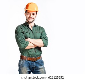 Young construction workers in hard hats on a white background - Powered by Shutterstock