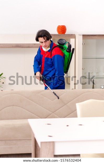 Young contractor\
doing pest control at\
home