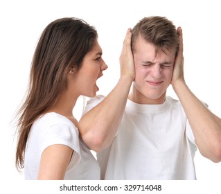 Young Couple Arguing With Each Other Woman Shouting Yelling At Her Boyfriend Isolated On A White Background