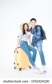 Young Couple Backpack Go To Vacation Travel On Isolated. Young Asian Man And Women Vacation To The Journey Happily On White Background.