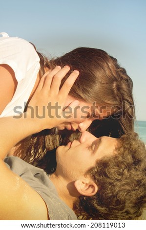 Similar – Happy young couple in love smiling under duvet cover