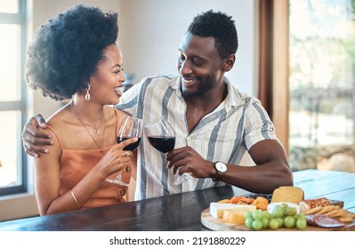 Young Couple Celebrating With Wine And Cheers At Resort, Laugh And Bonding On Romantic Date. Carefree, In Love Black Girlfriend And Boyfriend Toasting, Enjoying Relationship, Alcohol And