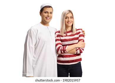 Young Couple From Different Religion Isolated On White Background