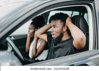 Young Couple Driving Car On High Speed And Servived An Accident. Shock And Scare Reaction