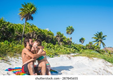 Young Couple Enjoying Beautiful Beach, Riviera Maya.