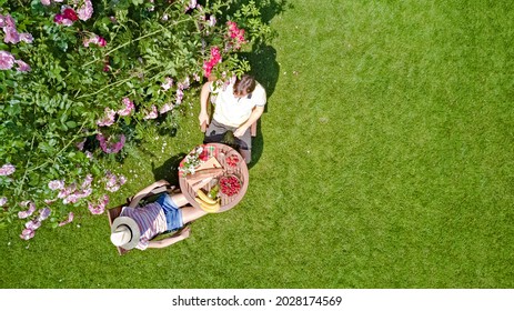 Young couple enjoying food and drinks in beautiful roses garden on romantic date, aerial top view from above of man and woman eating and drinking together outdoors in park
